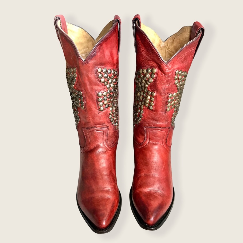 RARE Frye Billy Hammered Stud Red Leather Western/Southern Cowboy Riding Boots - Picture 6 of 13